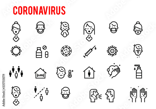 Simple Set of Coronavirus Protection Related Vector Line Icons. Contains such Icons as Protective Measures, Symptoms, Incubation Period. Novel Coronavirus 2019-nCoV. 2019 and 2020 epidemic.