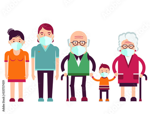 Disabled people in mask sitting in wheelchairs. Medical workers in uniform. Vector medical icons people in masks for design