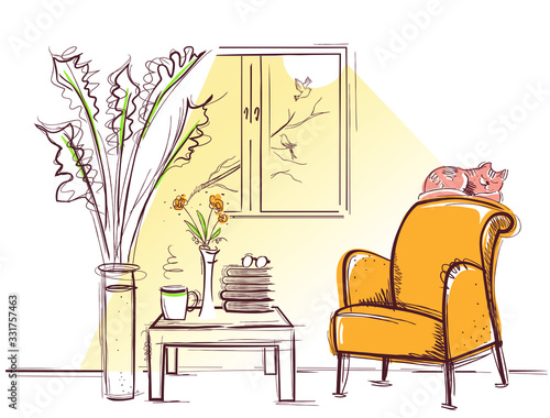 Interior room with retro armchair and sleeping red cat in the morning summer day. Vector sketchy illustration