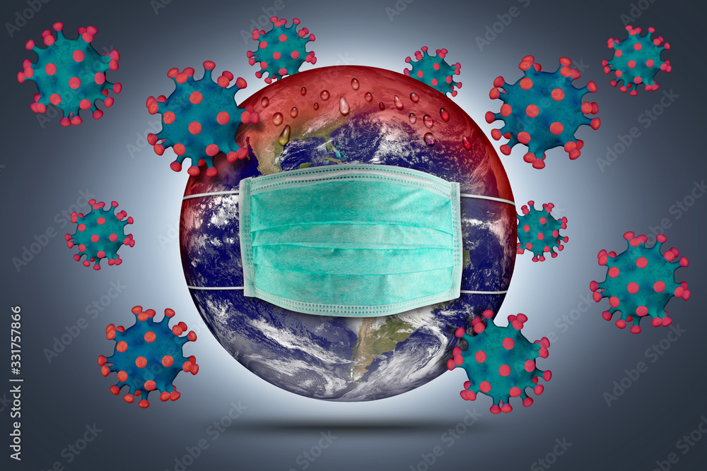 Fototapeta premium Coronavirus earth world globe respirator breathing face mask. Corna virus global outbreak pandemic epidemic medical prevention concept.Elements of this image furnished by NASA