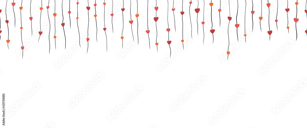 Red hearts hanging from strings seamless vector border. Isolated hand drawn heart shapes on white background. Repeating pattern for Valentine, Mothers day cards, wedding invitations Red hearts hanging from strings seamless vector border. Isolated hand drawn heart shapes on white background. Repeating pattern for Valentine, Mothers day cards, wedding invitations