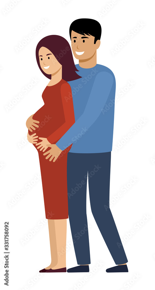 Pregnant woman with her husband on a white background. Happy family. Vector flat illustration. Pregnant woman with her husband on a white background. Happy family. Vector flat illustration.