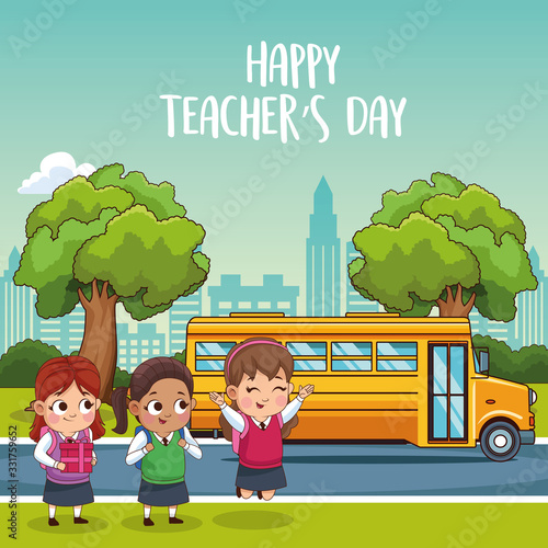 happy teachers day card with students in the bus stop
