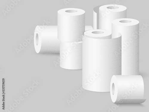 Set of realistic soft kitchen towels and toilet paper rolls. Isolated on grey background. Vector illustration.