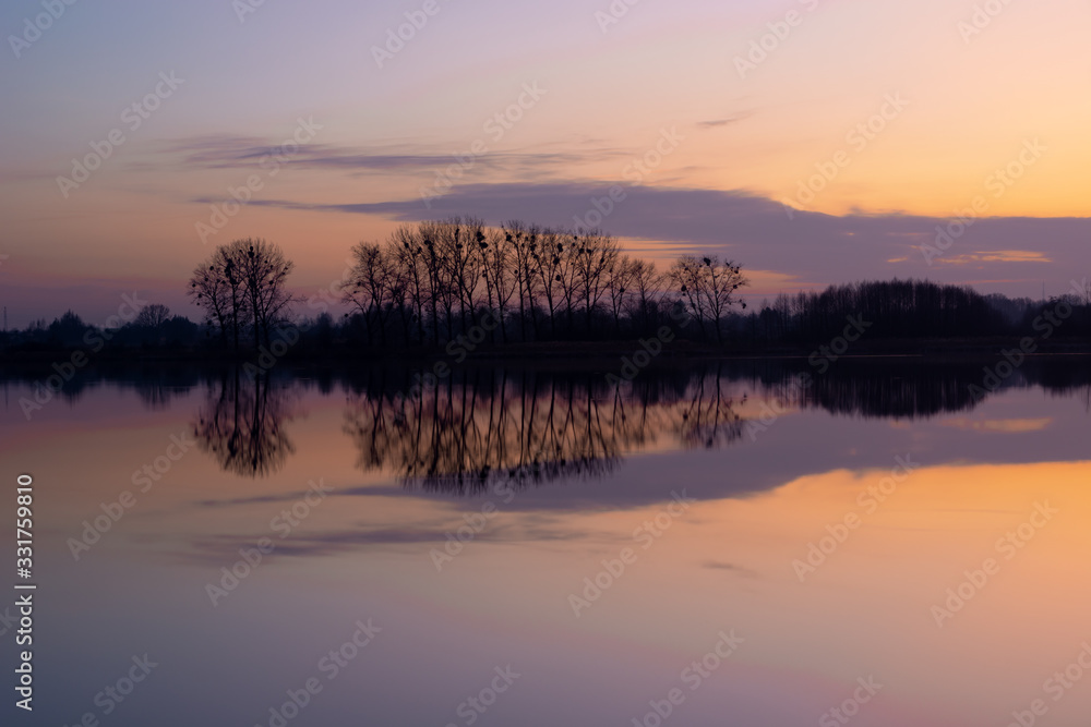 Purple-pink sky and cloud over the lake, trees on the horizon, view after sunset