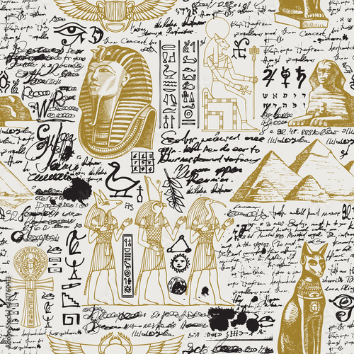 Vector seamless pattern on the Ancient Egypt theme with unreadable notes, hieroglyphs and sketches in retro style. Suitable for wallpaper, wrapping paper, fabric, background.