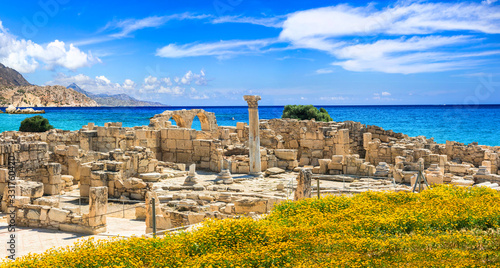Landmarks of Cyprus island - antique Kourion temple over the sea