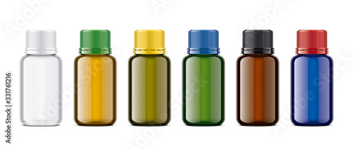 Set of Colored Transparent Bottles. Glossy surface.