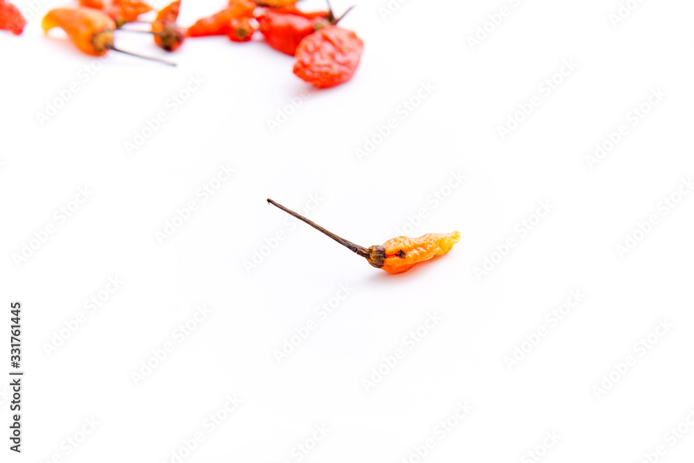 a bunch of red chillies isolated from a white background and copy space a bunch of red chillies isolated from a white background and copy space