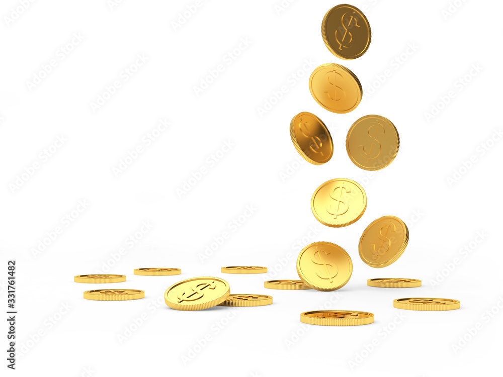 Falling gold coins with a dollar sign isolated on a white background with space for text. 3D illustration Falling gold coins with a dollar sign isolated on a white background with space for text. 3D illustration