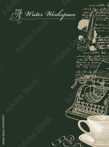 Vector banner on a writers theme with sketches and place for text on black background. Writer workspace. Hand-drawn illustration with cup, typewriter, inkwell, feather and illegible handwritten notes