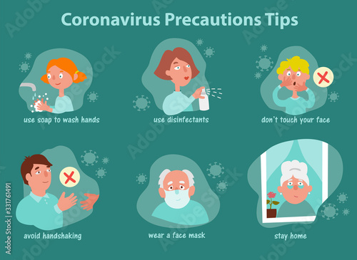 Coronavirus covid-19 safety tips and precautions guide during quarantine. Family illustrations how to prevent disease further virus disease outbreak. Infographics in cartoon style.