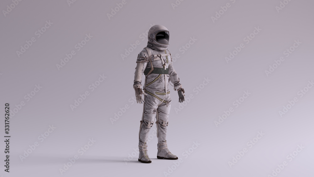 Retro Astronaut with Black Visor and Silver White Spacesuit With Light Grey Background with Neutral Diffused Side Lighting Quarter View 3d illustration 3d render