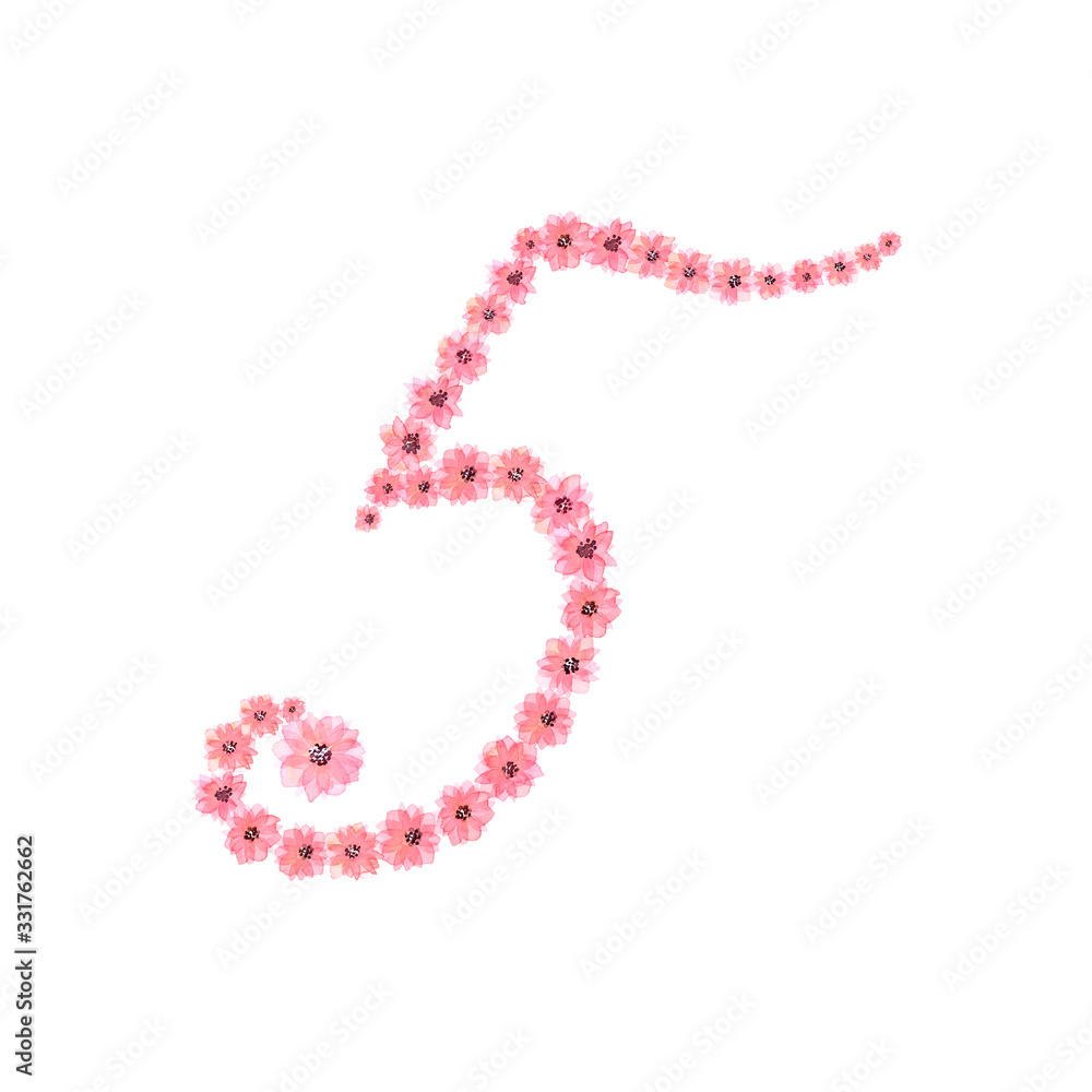 Watercolor drawing Pink floral numbers