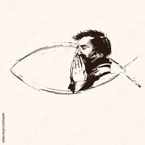 Engraved hand drawn portrait of praying man
