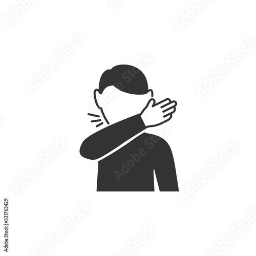 Man coughs at the bend of the elbow icon in simple design. Vector illustration