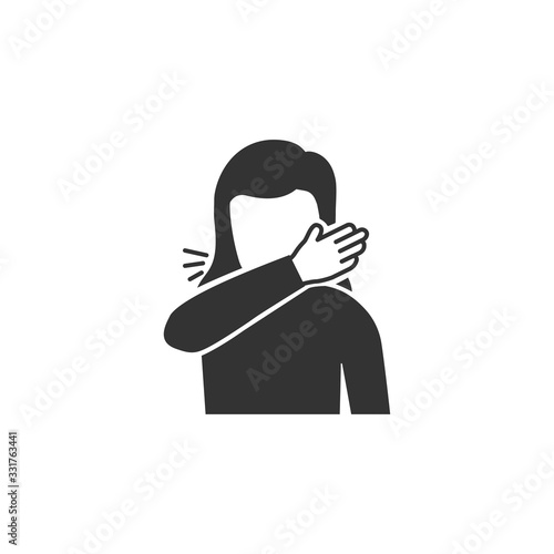 Woman coughs at the bend of the elbow icon in simple design. Vector illustration