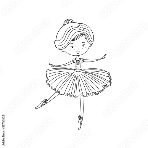 Vector Black and white linear illustration of cute dancing little ballerina.Prima ballerina girl in tutu ballet costumes and pointe shoes.Stock illustration isolated on white background.Ballet concept