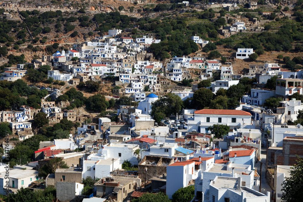 Koronos, Naxos / Greece - August 25, 2014: A view of the mountain village of Koronos, Naxos, Cyclades Islands, Greece