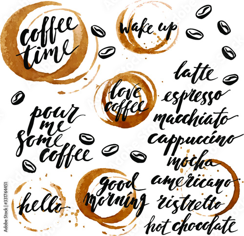 Hand drawn ink lettering with coffee cup prints and stains. Life begins with coffee.