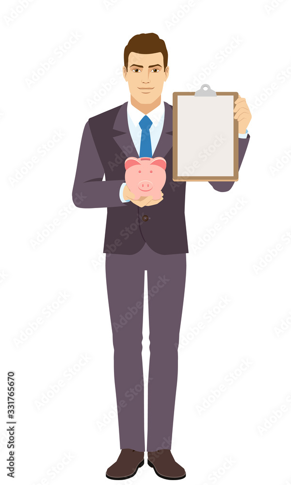 Smiling Businessman holding piggy bank and clipboard. Full length portrait of Businessman in a flat style. Smiling Businessman holding piggy bank and clipboard. Full length portrait of Businessman in a flat style.