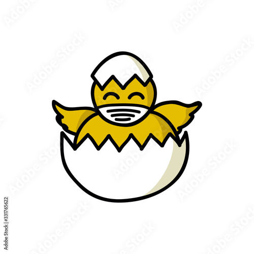 chick with medical mask doodle icon, vector illustration