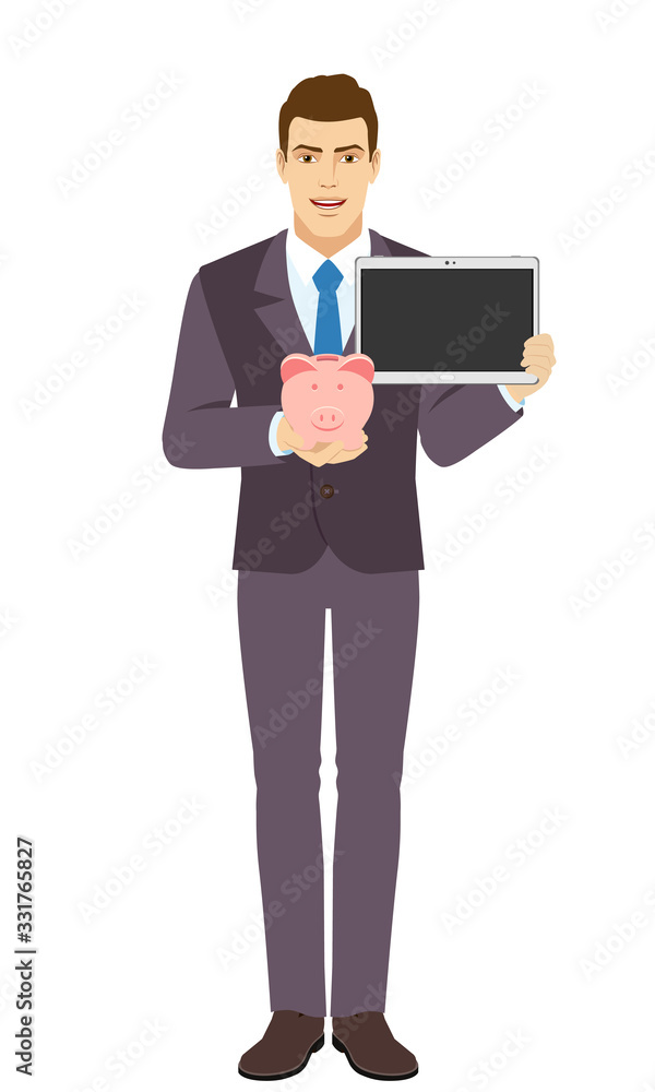 Smiling Businessman holding a piggy bank and digital tablet. Full length portrait of Businessman in a flat style.
