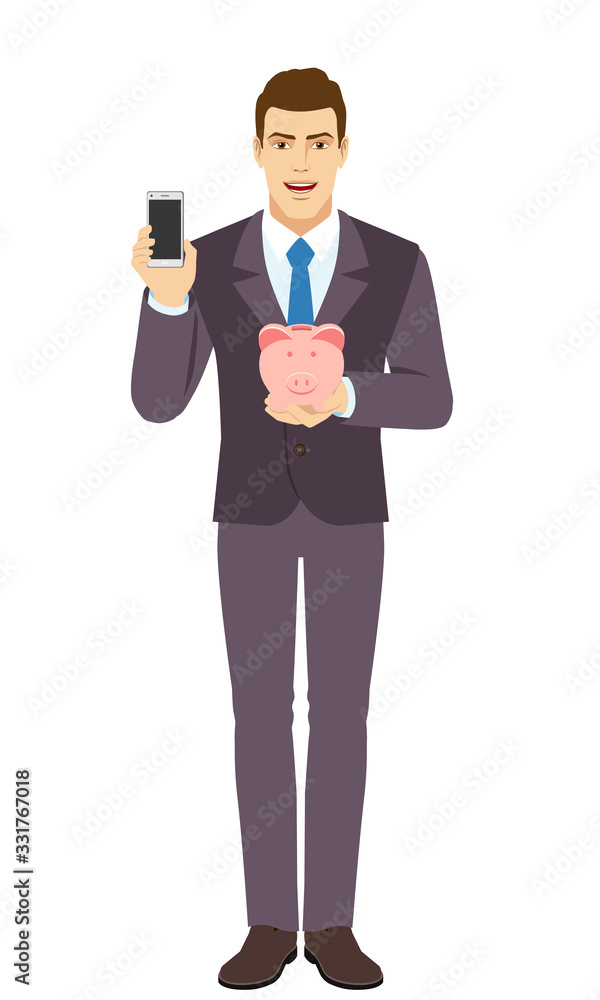 Smiling Businessman holding mobile phone and piggy bank. Full length portrait of Businessman in a flat style. Smiling Businessman holding mobile phone and piggy bank. Full length portrait of Businessman in a flat style.