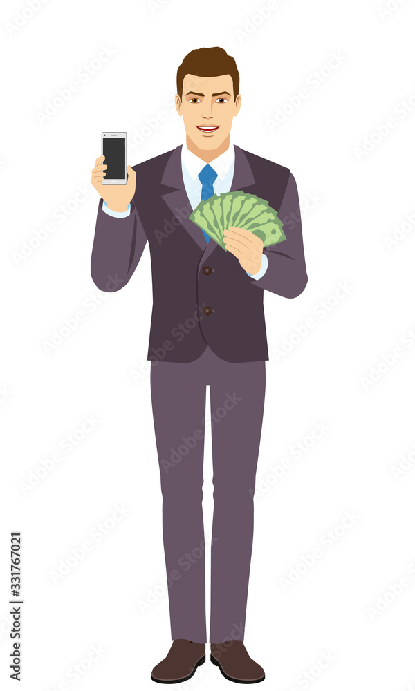 Smiling Businessman holding mobile phone and money. Full length portrait of Businessman in a flat style. Smiling Businessman holding mobile phone and money. Full length portrait of Businessman in a flat style.