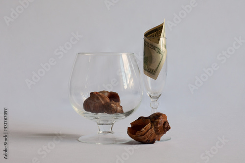 Fototapeta Naklejka Na Ścianę i Meble -  Two glasses are on the table. In one glass a shell in another glass a dollar bill