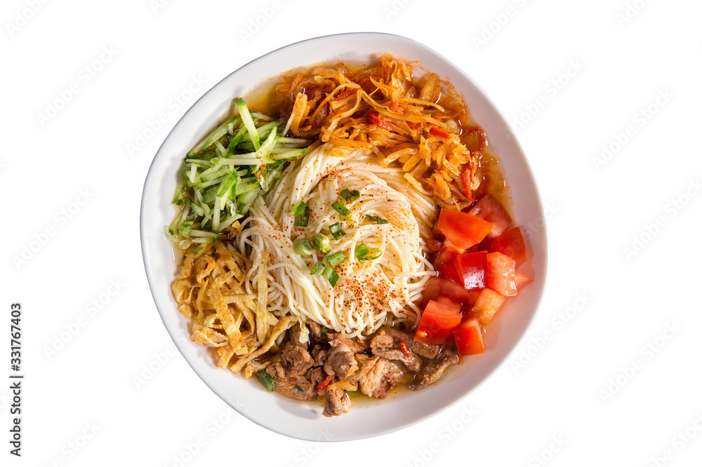Lagman. Noodles with veal, tomatoes, cucumbers and other spices in the broth. Lagman. Noodles with veal, tomatoes, cucumbers and other spices in the broth.