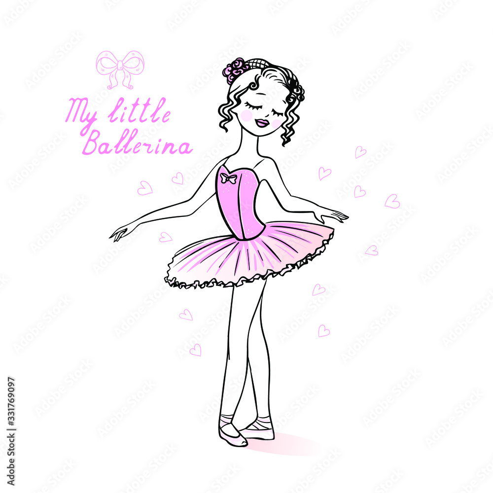 Hand drawn beautiful cute little ballerina girl.Ballerina in pink tutu and pointe shoes.Vector Isolated stock illustration on white background.Ballet design for printing on t-shirts,accessories. Hand drawn beautiful cute little ballerina girl.Ballerina in pink tutu and pointe shoes.Vector Isolated stock illustration on white background.Ballet design for printing on t-shirts,accessories.