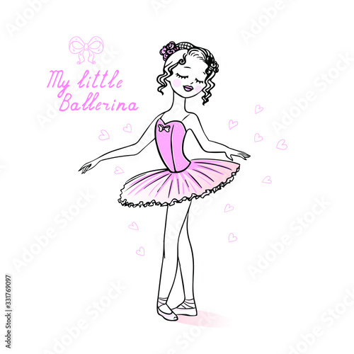 Hand drawn beautiful cute little ballerina girl.Ballerina in pink tutu and pointe shoes.Vector Isolated stock illustration on white background.Ballet design for printing on t-shirts,accessories.