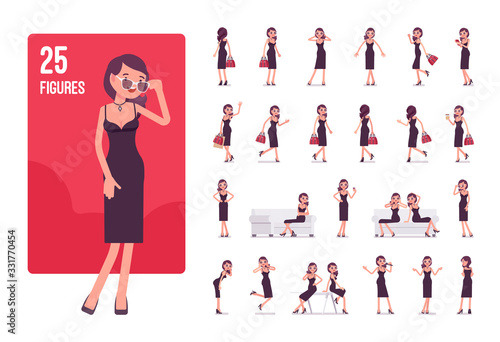 Glamour girl, beautiful woman character set. Lady in sexy attractive clothing, classic appealing black dress. Cocktail party ceremony fashion. Full length, different view, gestures, emotions, poses