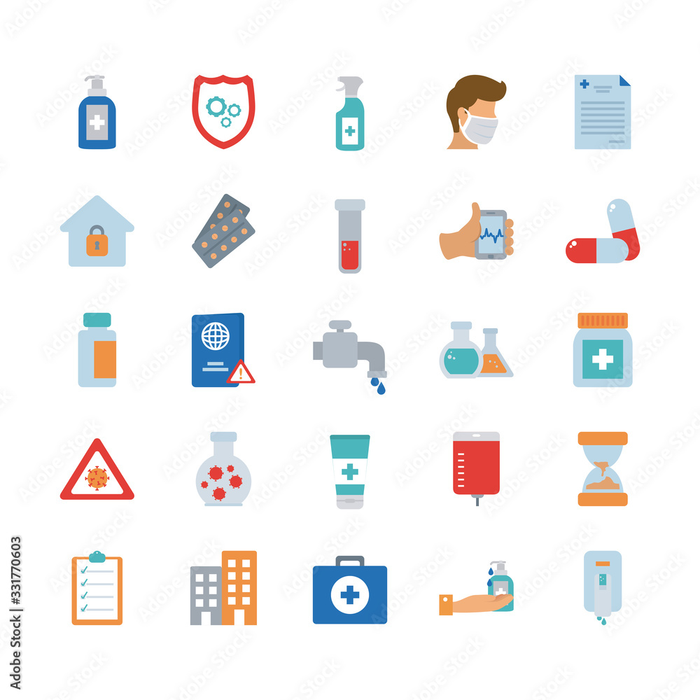 antibacterial gel bottle and covid 19 concept icon set, flat style antibacterial gel bottle and covid 19 concept icon set, flat style