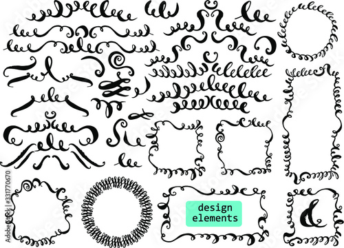 Set of hand drawn ink decorative elements for page and text design. Flourishes, swirls, curves, loops, dividers, headers, round and square frames.