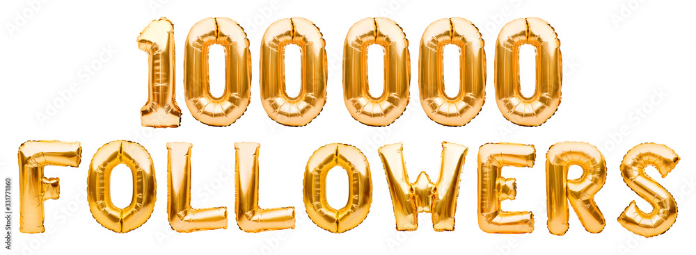 Words 100000 FOLLOWERS made of golden inflatable balloons isolated on white. Helium balloons gold foil letters forming phrase100000 followers. Social media, likes and subscribes, communication concept Words 100000 FOLLOWERS made of golden inflatable balloons isolated on white. Helium balloons gold foil letters forming phrase100000 followers. Social media, likes and subscribes, communication concept