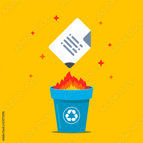 burn the document in the bin. destroy data. flat vector illustration.