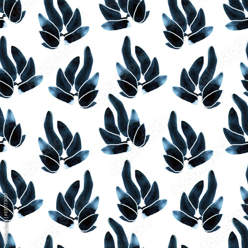 Seamless watercolor pattern with navy succulents on white background. Abstract desert plants, cactus. Hand painted, textile surface for fabric print, stationery and gift paper wrap