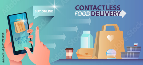 Quarantine contactless delivery banner with female hands choosing food in app. Food transportation concept in flat style with smartphone, coffee, eco products, milk, packages, arrows. 