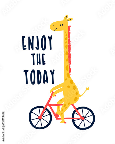 Hand drawing giraffe and bicycle vector.