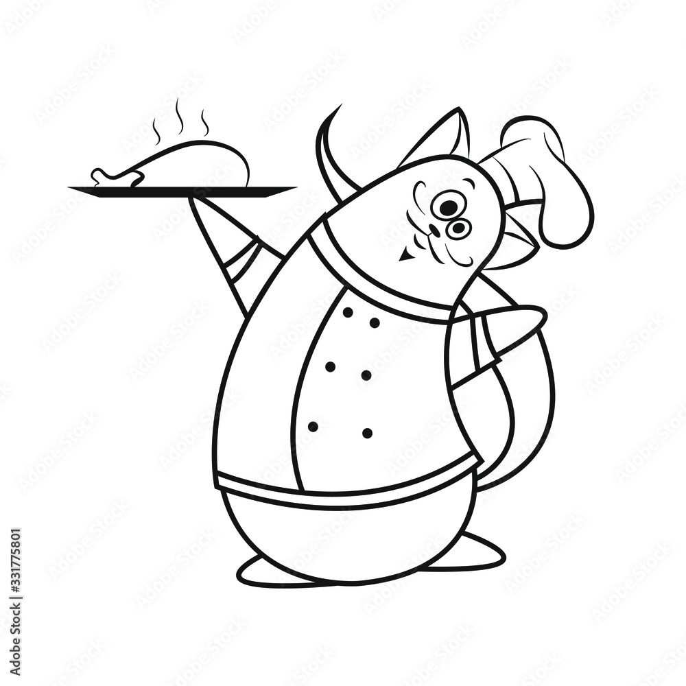 Fototapeta premium Coloring page with cat for children. Outline chef cat isolated on white background. Funny cartoon cat cook for coloring book.