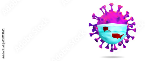 Illustration of realistic Coronavirus Wear a mask. With a map of United States in the masker. 3D vector background template.