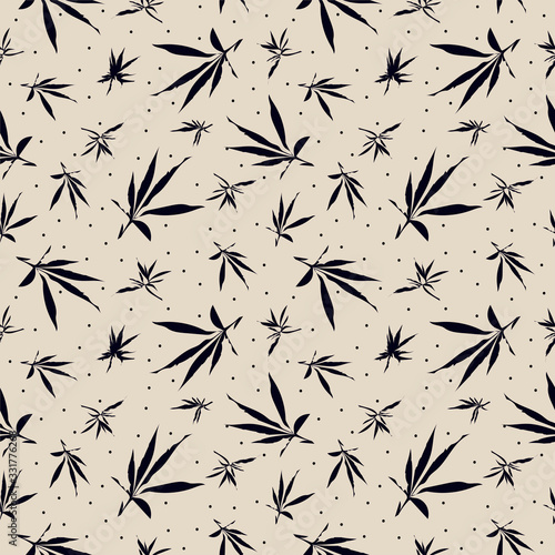 Seamless pattern from sativa hemp branches (Cannabis Indica, marijuana), medicinal plant with leaves .Vector illustration on isolated background. For cover, wallpaper, banner, textile, paper packaging