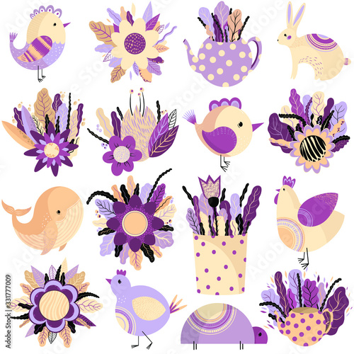Big animal set. Cute animals and flowers. Hand drawn. Vector flat illustration