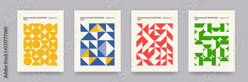 Bauhaus geometric pattern background, vector abstract geometric circle, triangle and square lines art. Black and white color Bauhaus or Swiss patters backgrounds set