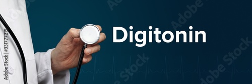 Digitonin. Doctor in smock holds stethoscope. The word Digitonin is next to it. Symbol of medicine, illness, health photo