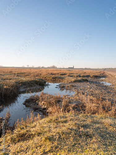 Aerial view of horizon over sea national park and Unesco World heritage area Waddensea in Province of Friesland. Netherland