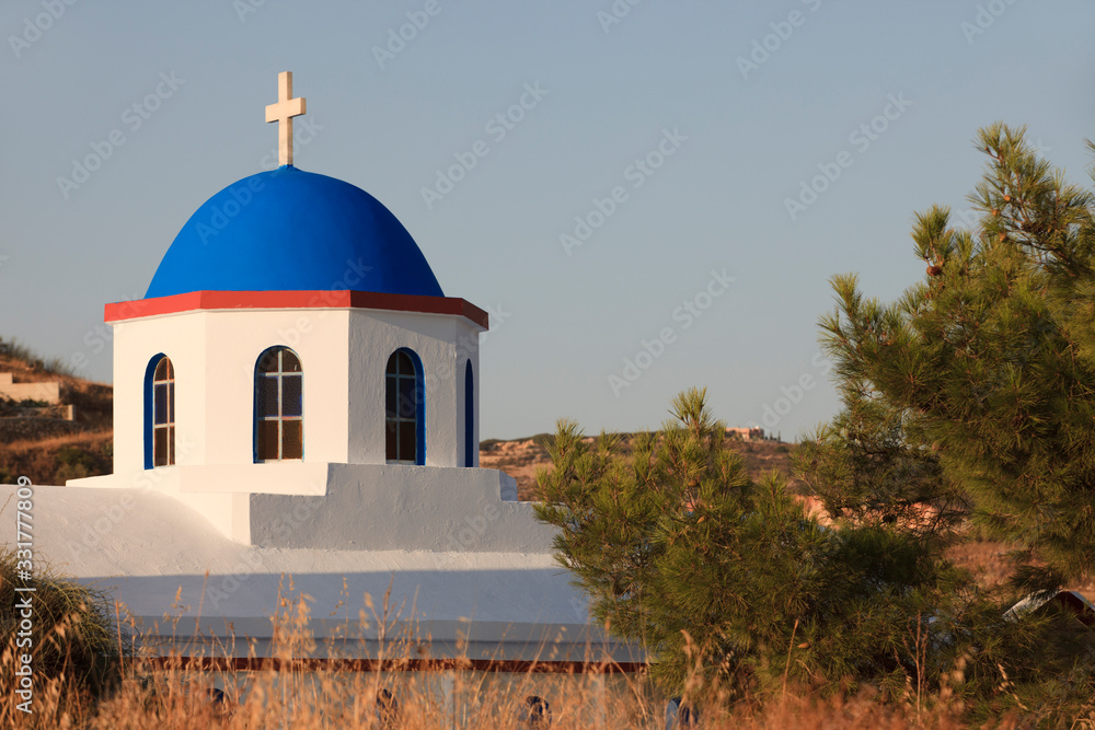 Vivlos, Naxos / Greece - August 25, 2014: The church in Vivlos village, Naxos, Cyclades Islands, Greece