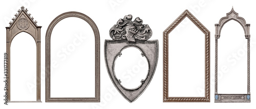 Set of panoramic silver gothic frame for paintings, mirrors or photos isolated on white background